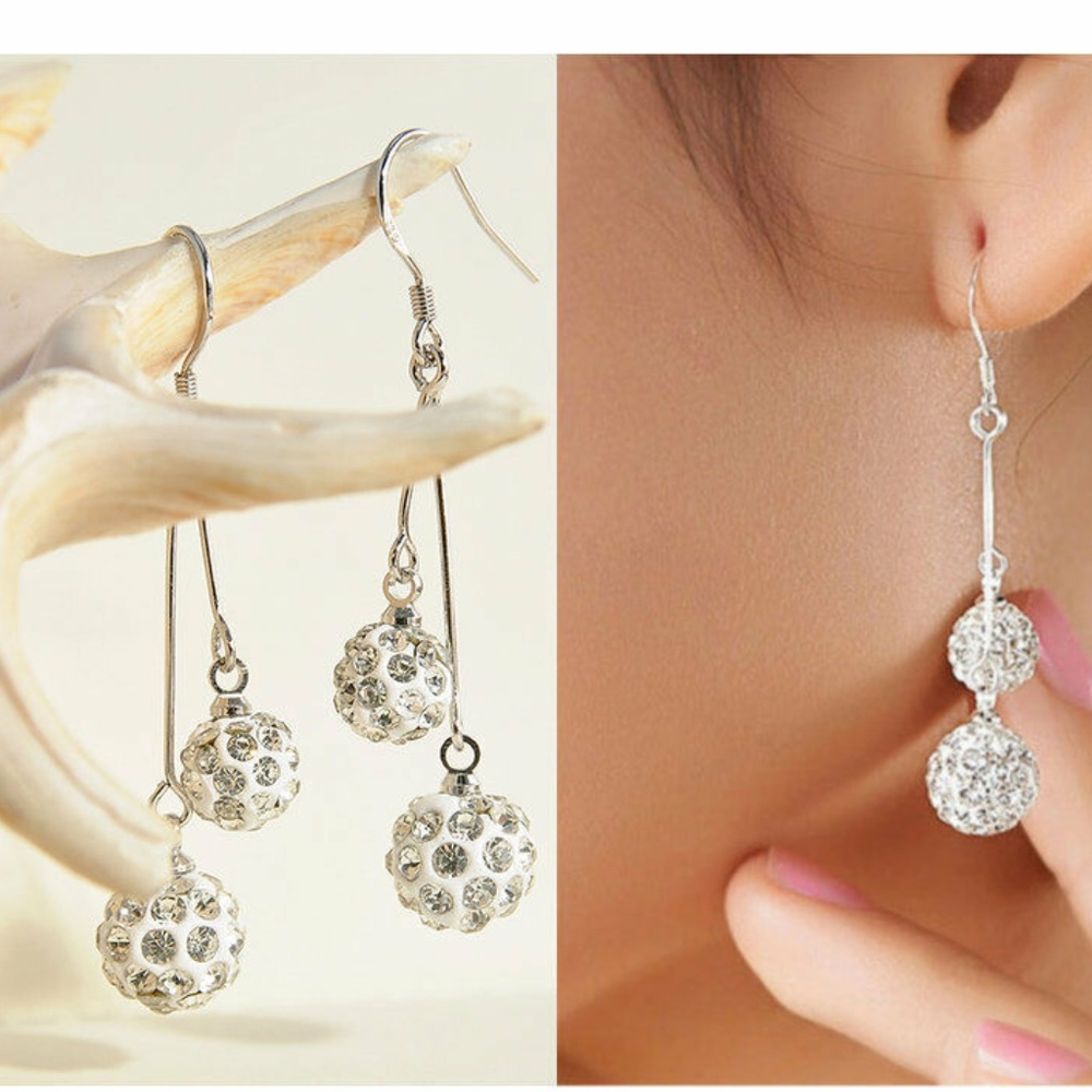 Silver Crystal Double Drop Earrings - Sparkling Orb Design